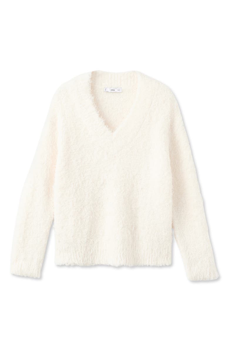 MANGO Faux Fur V-Neck Sweater, Main, color, Ecru