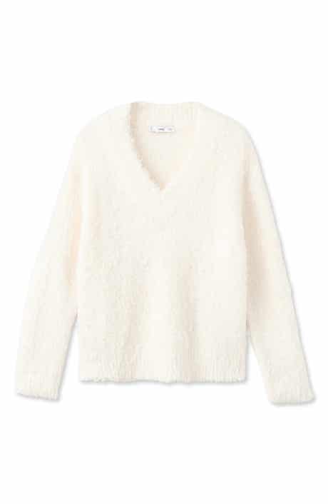 MANGO Faux Fur V-Neck Sweater
