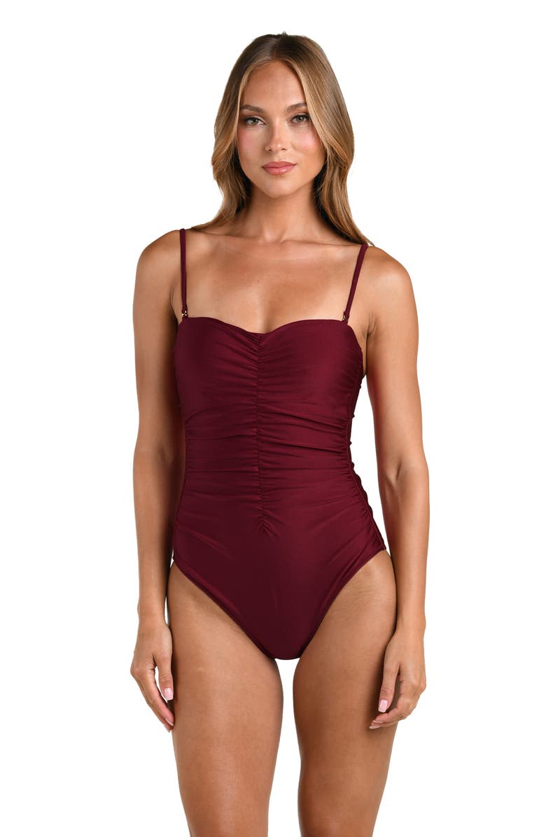 L'AGENCE Aubrey Ruched Shimmer One-Piece Swimsuit, Alternate, color, Black Cherry