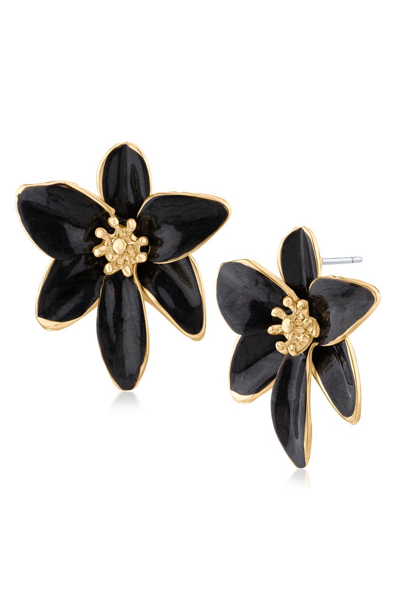 JARDIN Iris Floral Enamel Statement Earrings, Main, color, Black/ Gold