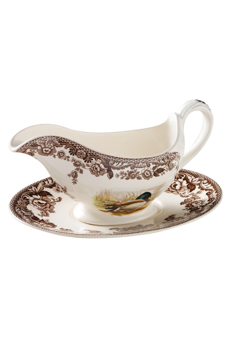 Woodland Sauce Boat and Stand, 11 Ounce, Mallard/Snipe/Rabbit, Main, color, Brown