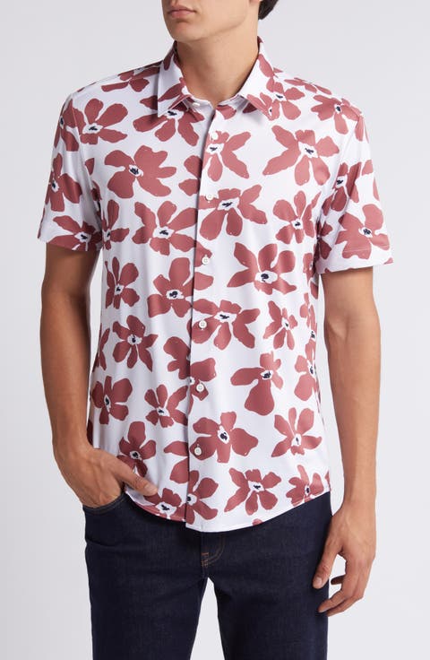 Roan Slim Fit Leaf Print Short Sleeve Stretch Button-Up Shirt