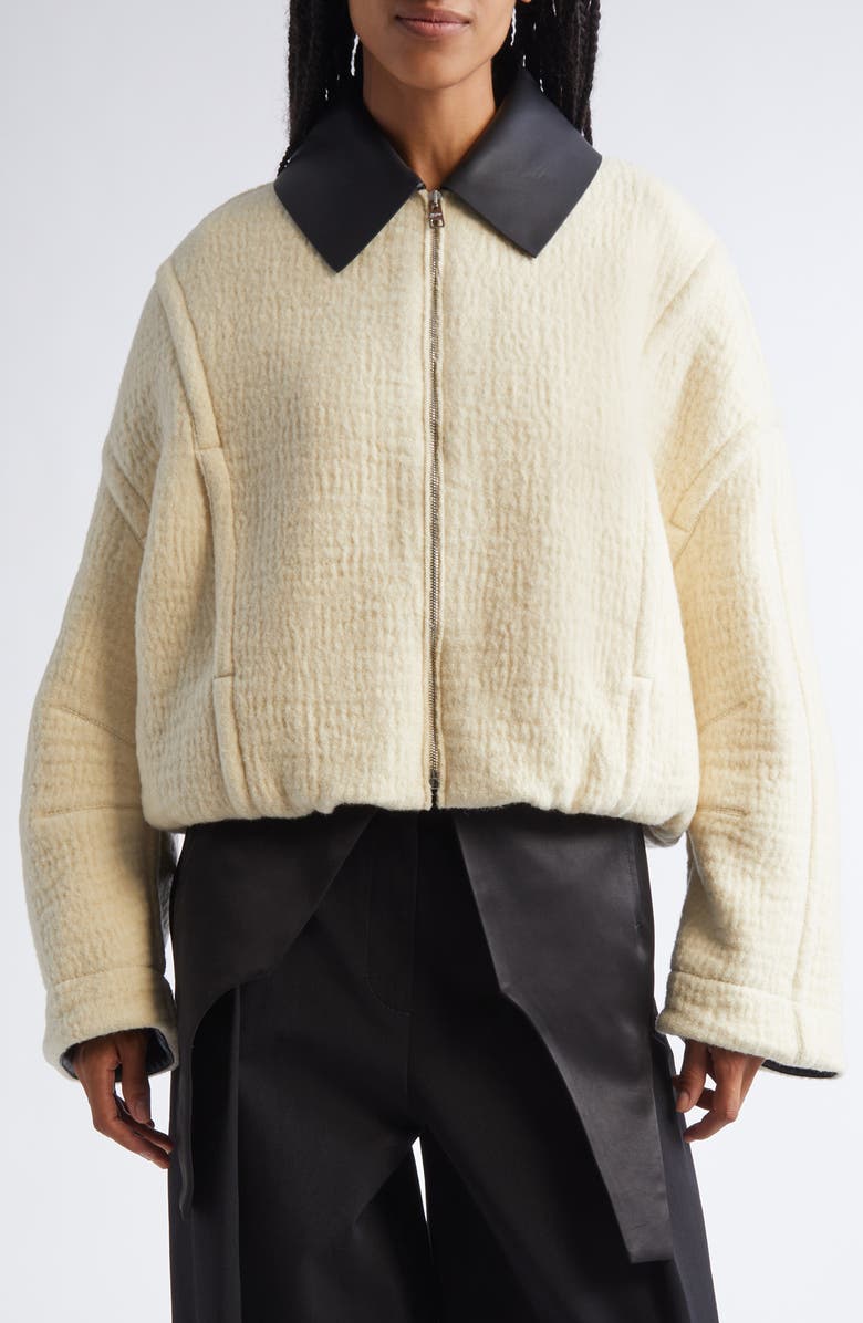 Jean Paul Gaultier Lambskin Leather Collar Bomber Jacket, Main, color, Ecru/ Black