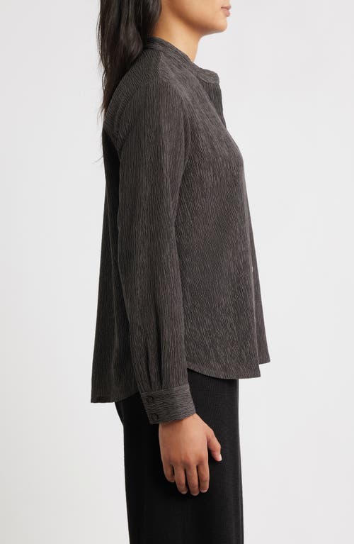 Eileen Fisher Crinkled Mandarin Collar Button-up Shirt In Brown