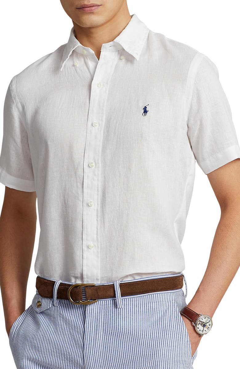 Polo Ralph Lauren Short Sleeve Linen Button-Down Shirt, Main, color, 