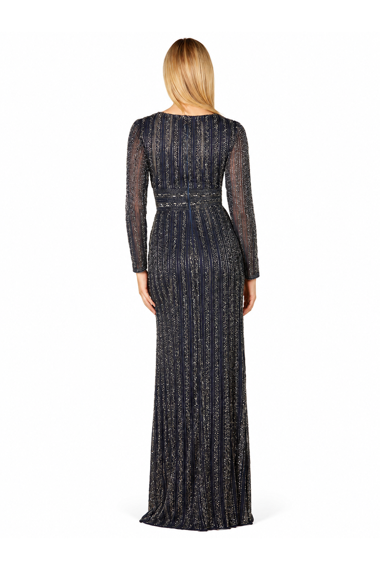 Long Sleeve Belted Beaded Gown, Alternate, color, Navy