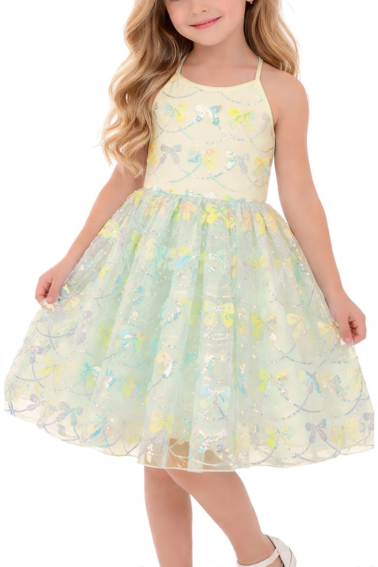 Kids' Sequin Bow Fit & Flare Party Dress, Alternate, color, YELLOW BLUE