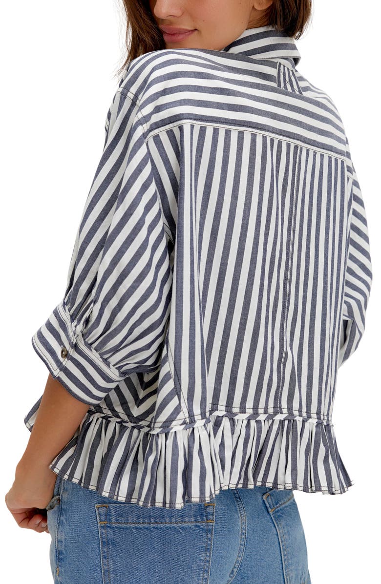 Free People Bailey Stripe Ruffle Hem Cotton Button-Up Shirt, Alternate, color, Nautical Navy Combo