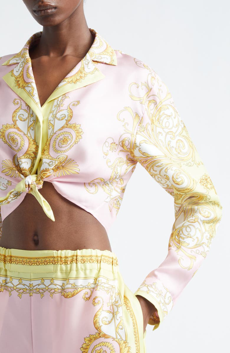 Versace Barocco Crop Silk Button-Up Shirt, Alternate, color, 