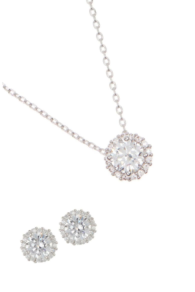 Crystal Halo Pendant Necklace & Stud Earrings Set, Main, color, SILVER