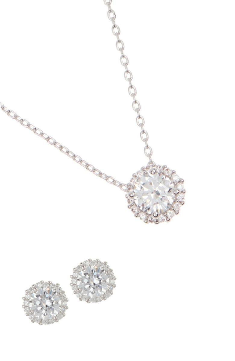 Adornia Crystal Halo Pendant Necklace & Stud Earrings Set, Main, color, Silver