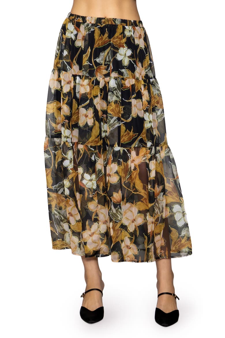 Floral Chiffon Tiered Maxi Skirt, Main, color, BLACK MULTI