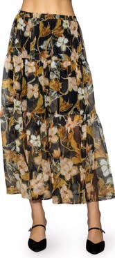 MELLODAY Floral Chiffon Tiered Maxi Skirt