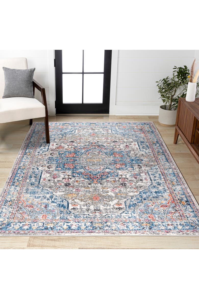 Manisa Vintage Medallion Area Rug, Alternate, color, Ivory/Peacock Blue/Coral