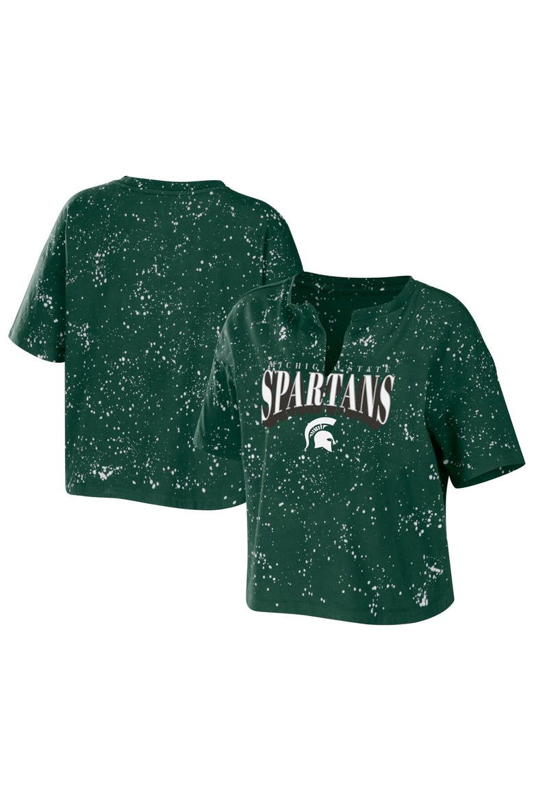 Women's WEAR by Erin Andrews Green Michigan State Spartans Bleach Wash Splatter Cropped Notch Neck T-Shirt, Main, color, Green