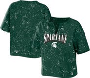 WEAR by Erin Andrews Women's WEAR by Erin Andrews Green Michigan State Spartans Bleach Wash Splatter Cropped Notch Neck T-Shirt