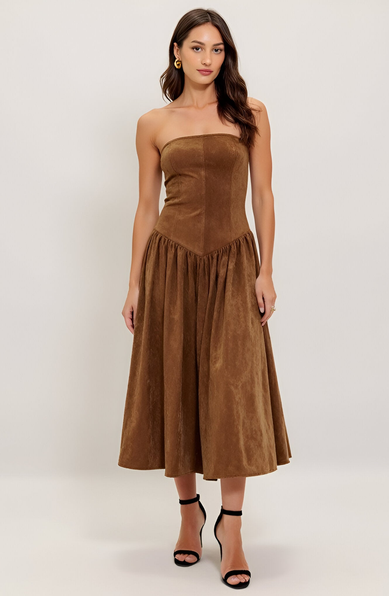 Modenaire Strapless Midi Dress with Fitted Bodice and Flared Skirt, Main, color,