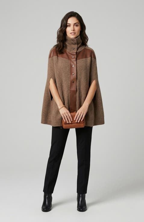 Cashmere cape with leather