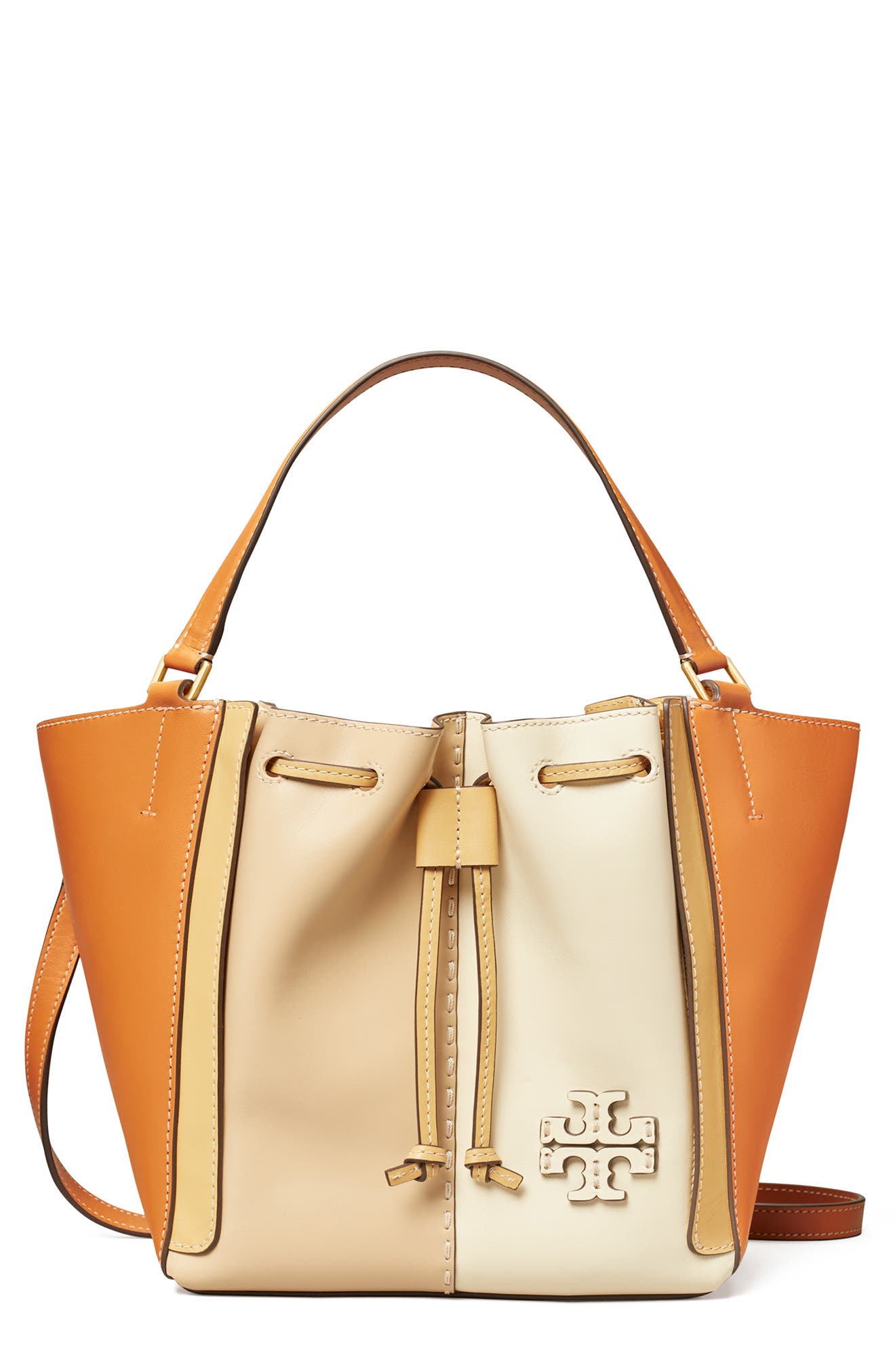 Tory Burch McGraw Colorblock Drawstring Leather Satchel, Main, color, 
