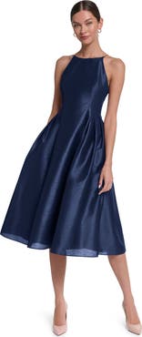 HALSTON Spaghetti Strap Fit & Flare Midi Dress
