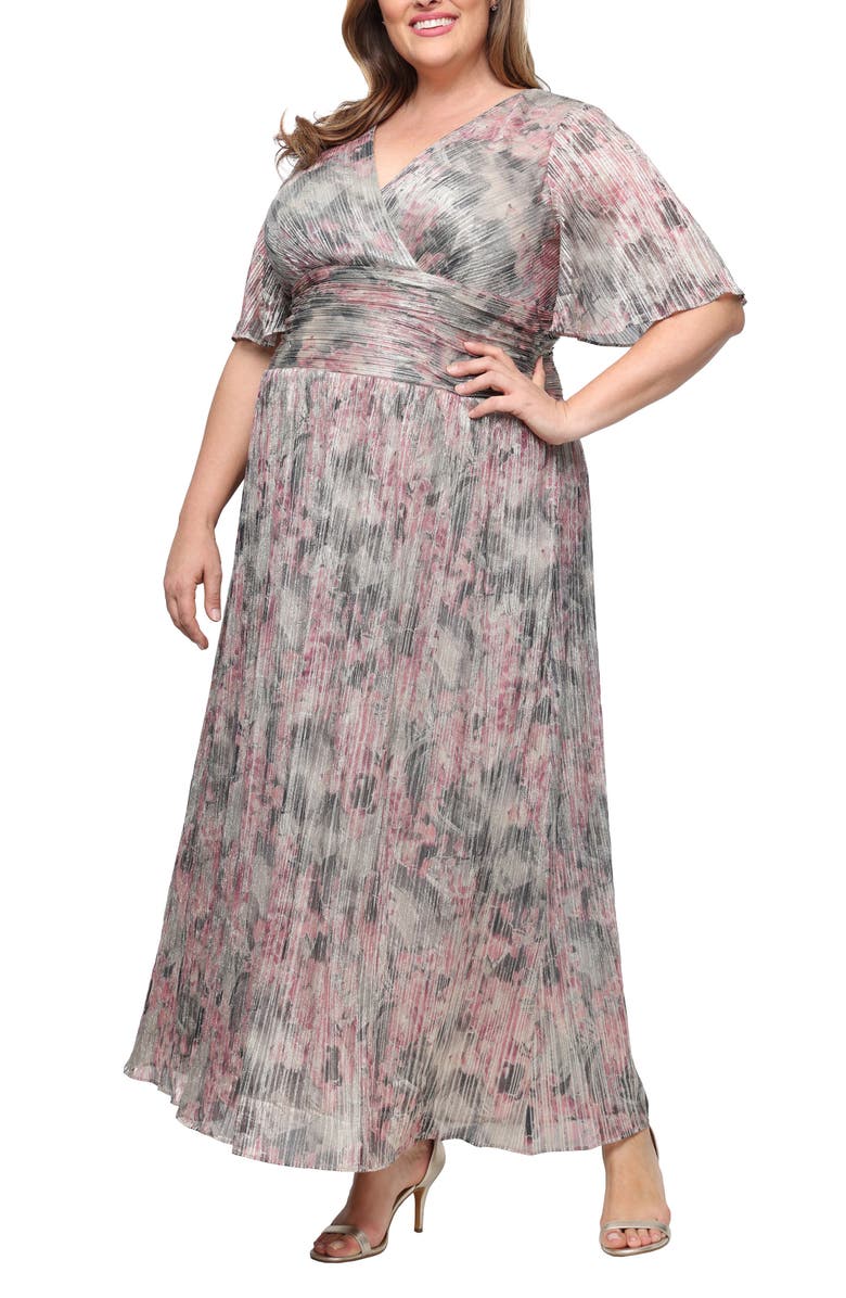 SL FASHIONS Metallic Floral Gown, Main, color, Beige Multi