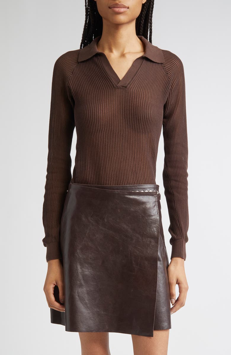 Paloma Wool Dandy Open Stitch Long Sleeve Polo, Main, color, Brown