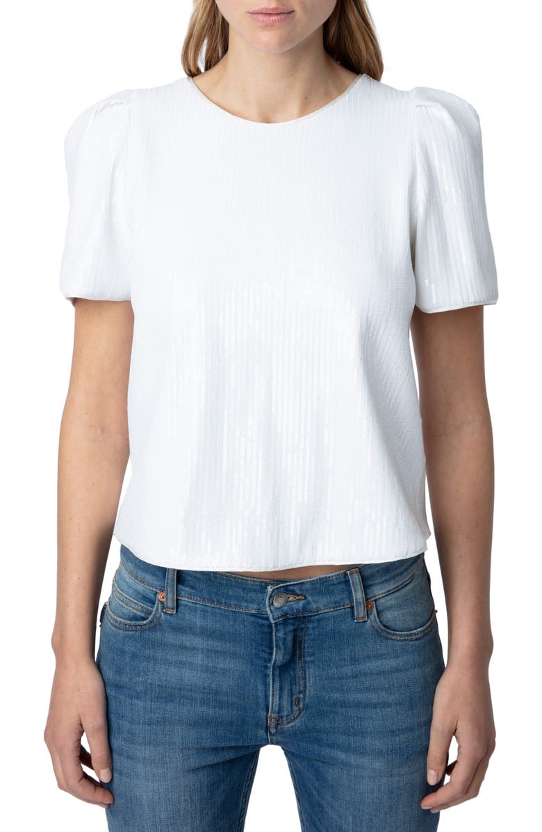 Zadig & Voltaire Tchao Sequin Short Sleeve Top, Main, color, 