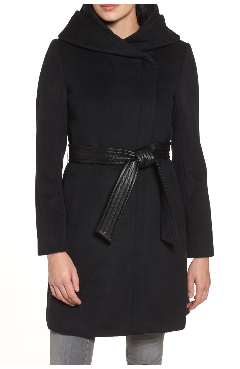 Cole Haan Hoodied Tie Waist Wool Blend Coat, Main, color,