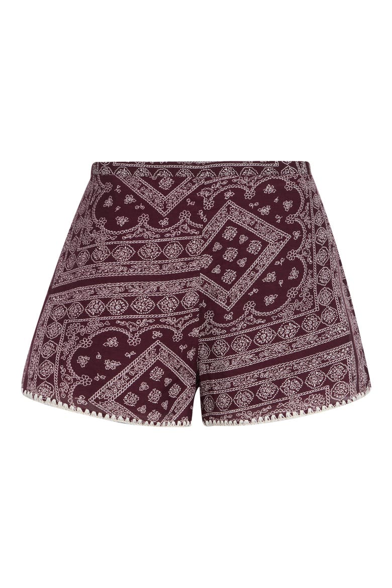 Tennison Bandana Print High Rise Cotton Blend Shorts, Main, color, RAISIN DOVE