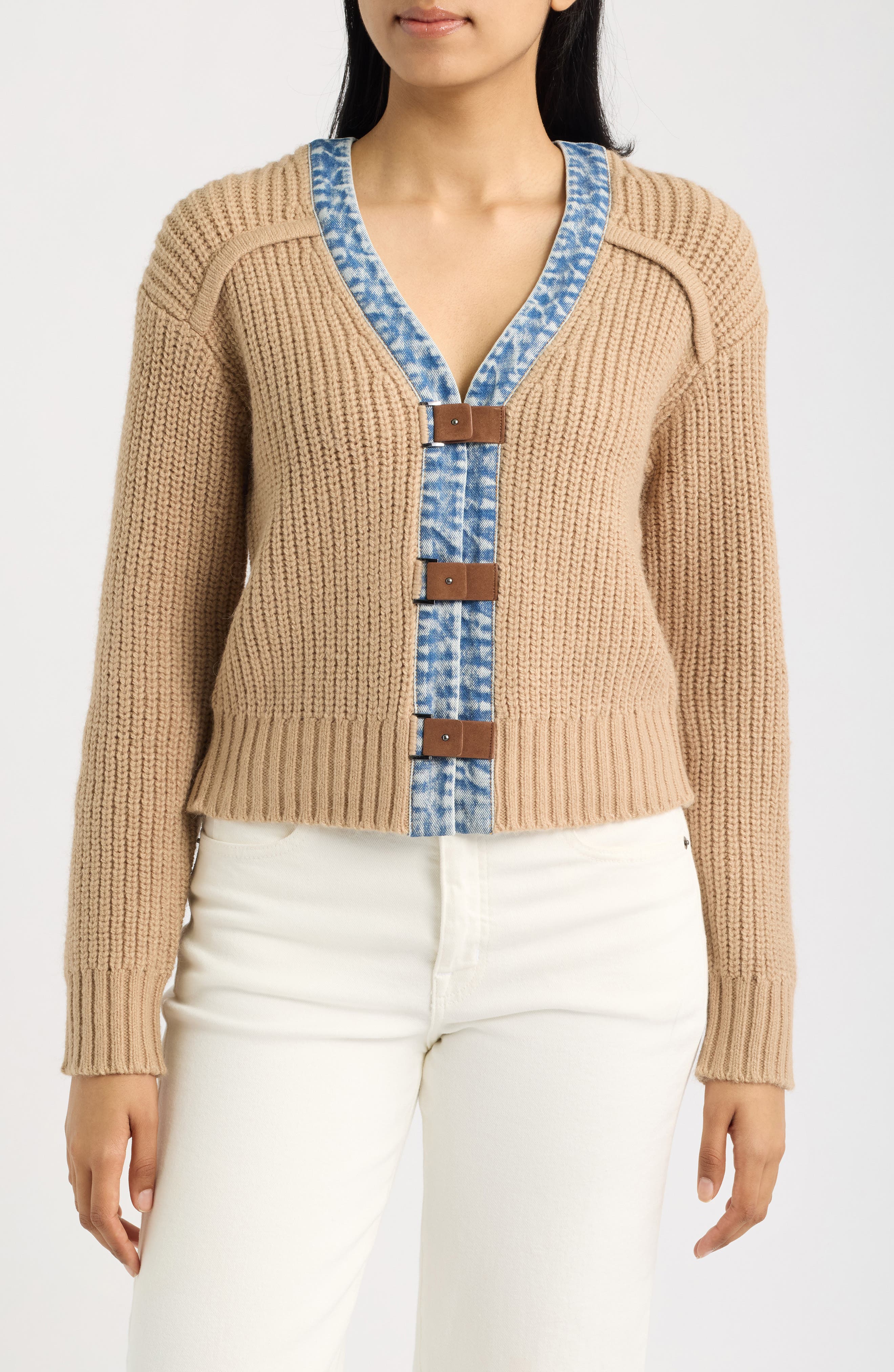 City Blues Denim Trim Cardigan In Tan