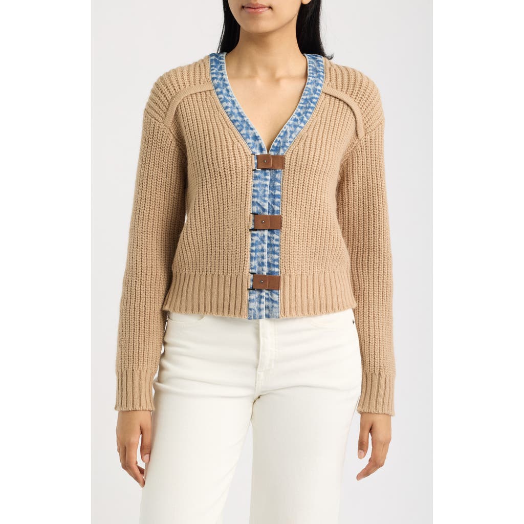 City Blues Denim Trim Cardigan In Tan