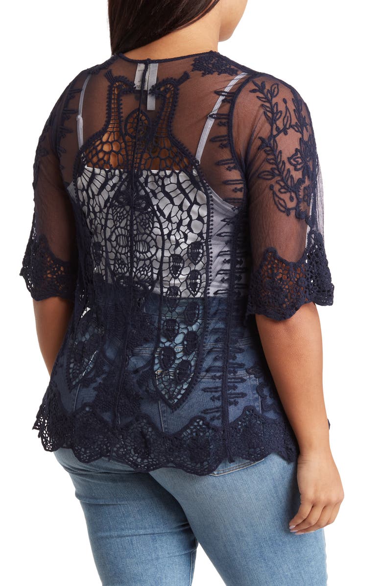 Forgotten Grace Tie Front Crochet Lace Trim Top, Alternate, color, Navy