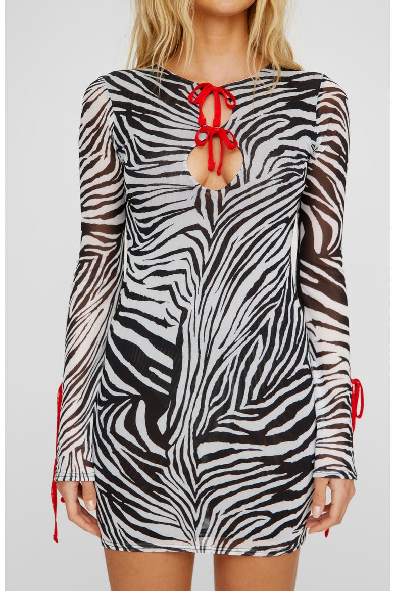 Animal Print Long Sleeve Cutout Mesh Minidress, Alternate, color, BLACK