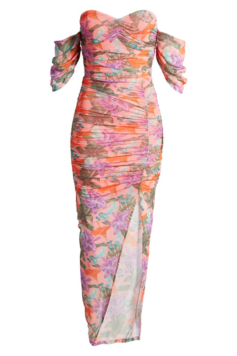 Floral Off the Shoulder Mesh Dress, Alternate, color, CORAL MULTI