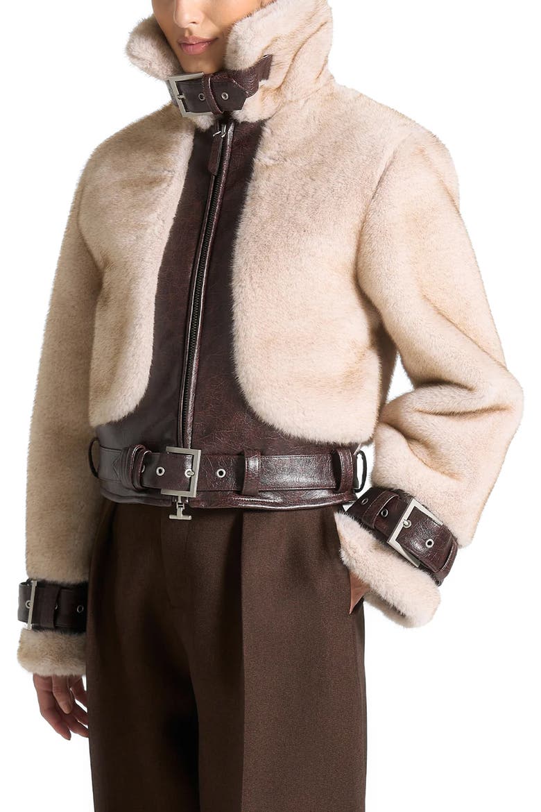Deya Plush & Leather Leather Belted Jacket, Alternate, color, Beige/Brown