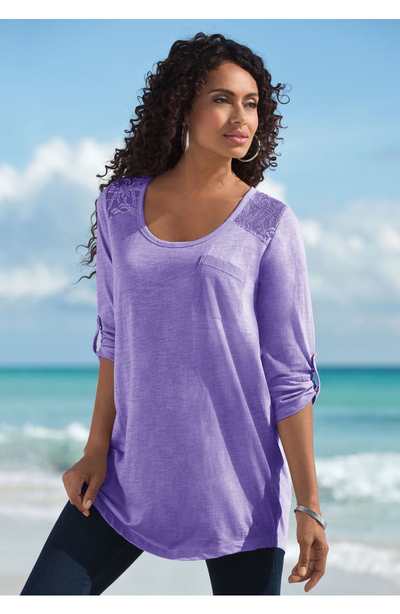 Roaman's Textured Lace Trimmed Tunic, Alternate, color, Dark Olive Green