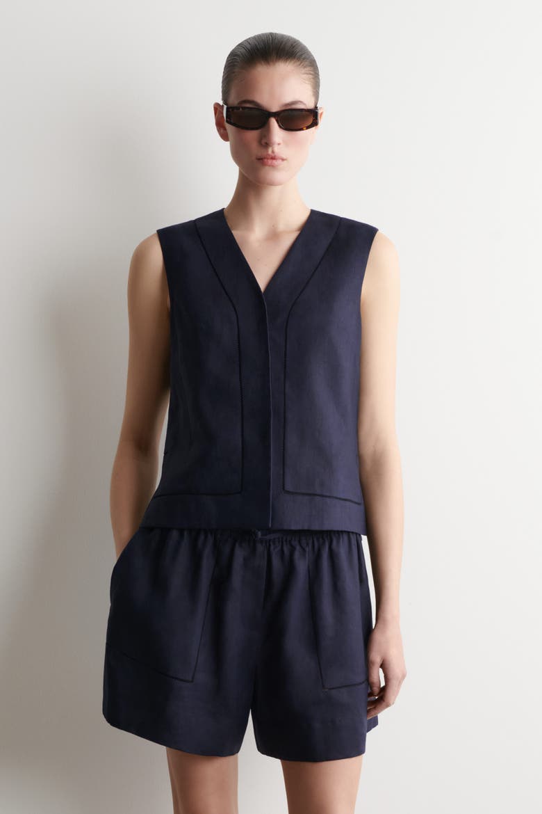 Embroidered-detail Linen Waistcoat, Main, color, NAVY