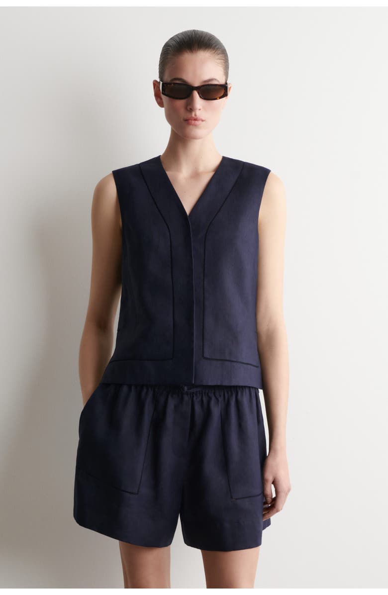 COS Embroidered-detail Linen Waistcoat, Main, color, Navy