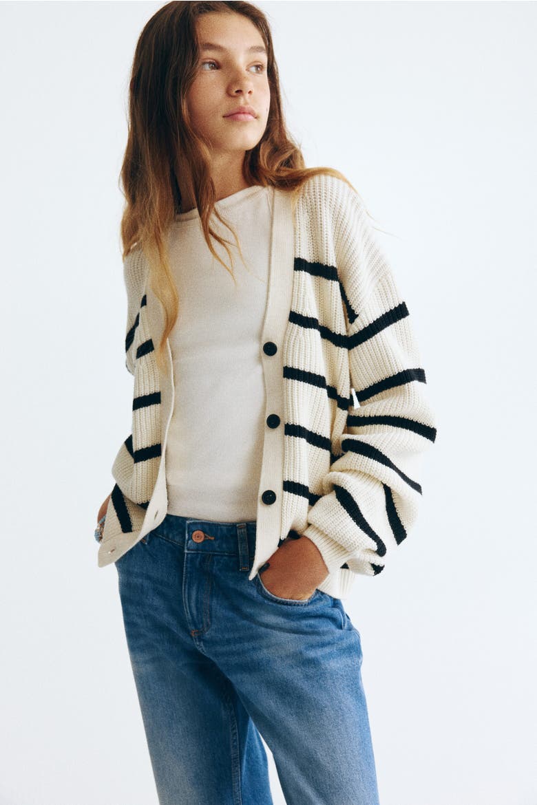Rib-knit cardigan, Alternate, color, Cream/black striped