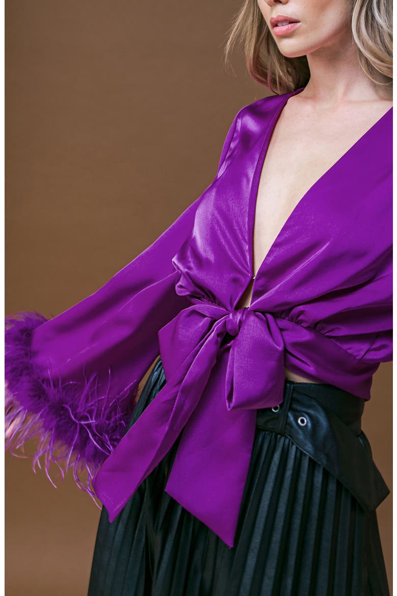 Satin Tie Front Top with Faux Fur Cuffs, Alternate, color, PURPLE