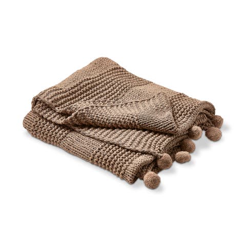 Cozy Knit Pom Pom Throw Blanket in Taupe Brown Cotton