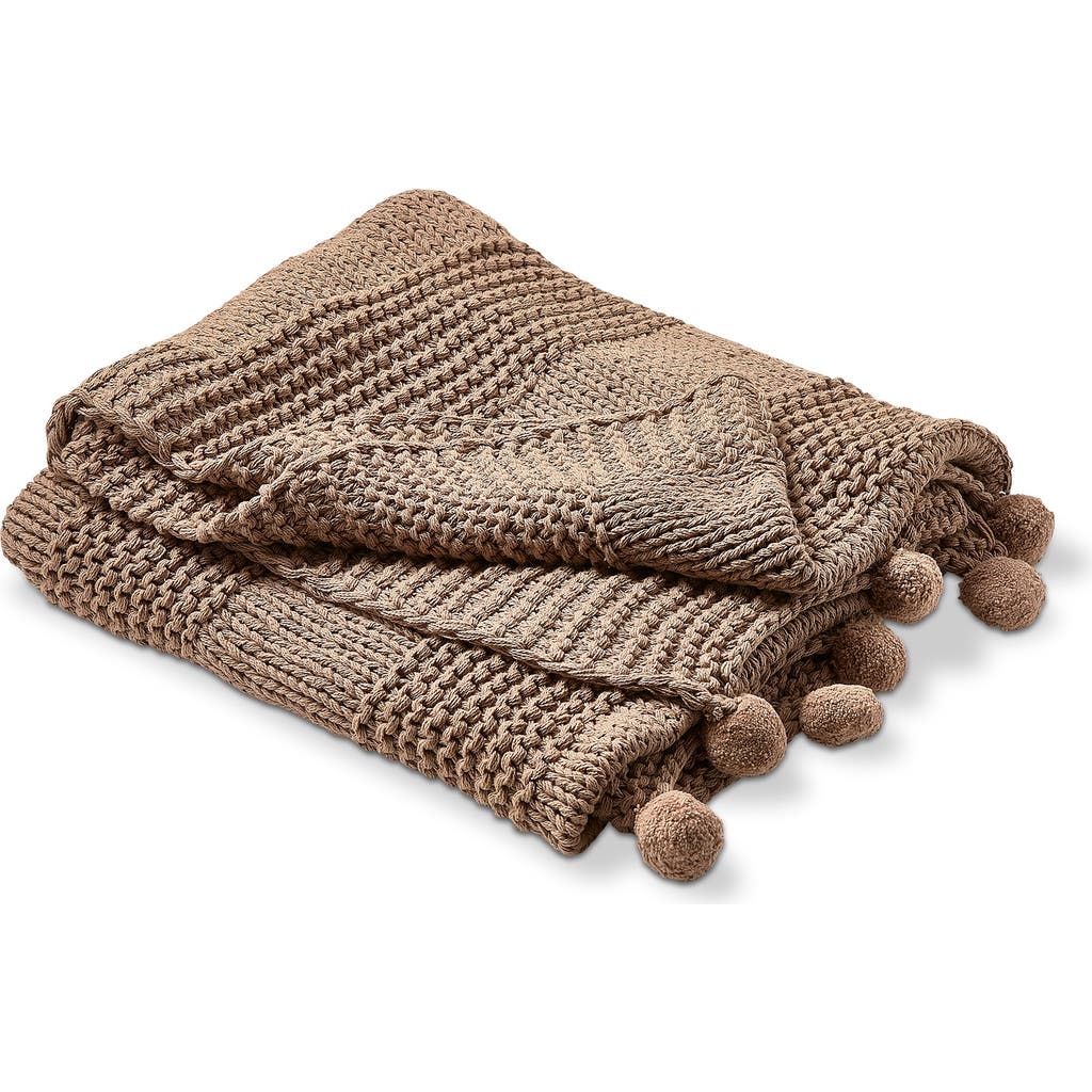 Tag Cozy Knit Pom Pom Throw Blanket In Brown
