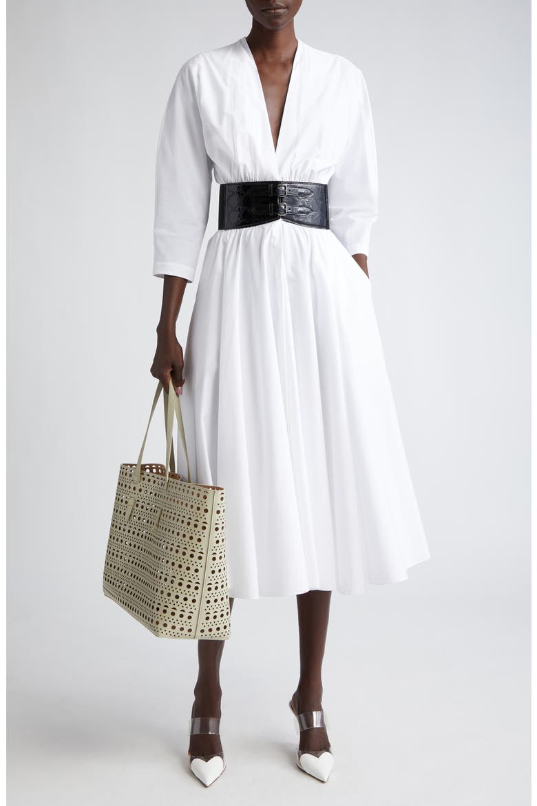 Belted Poplin Midi Dress, Alternate, color, BLANC