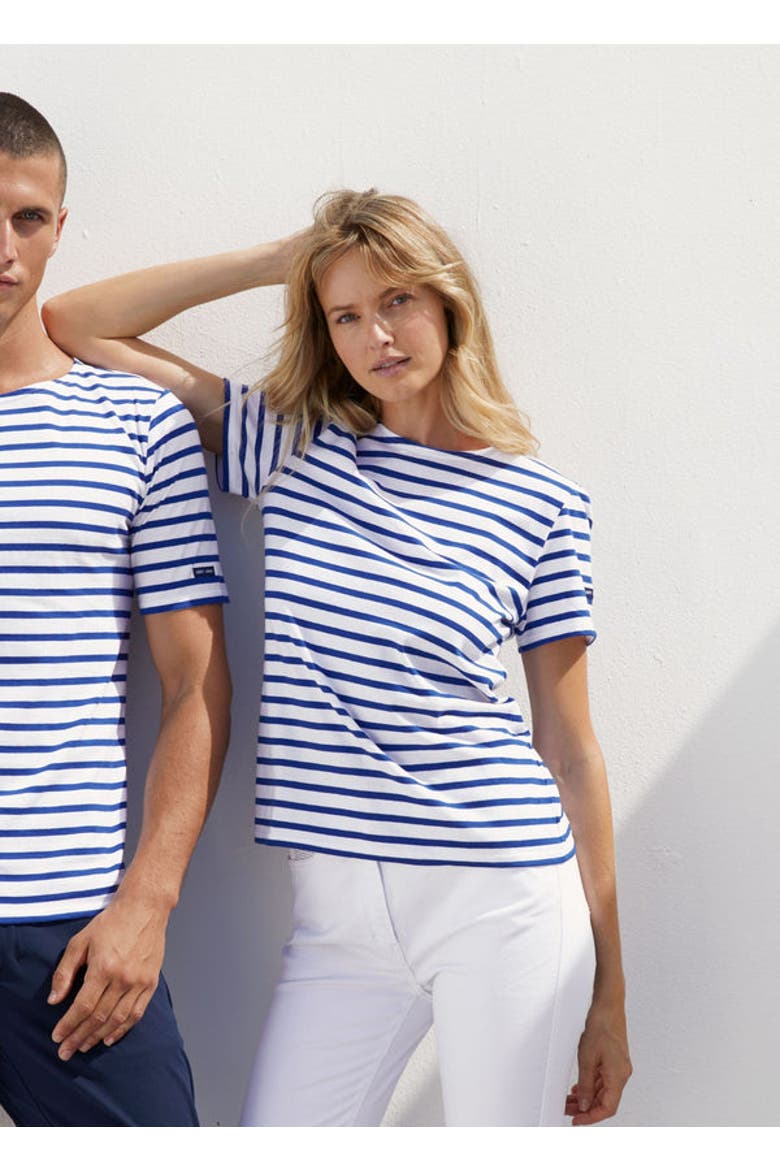 LEVANT MODERN - Breton Stripe Short Sleeve Shirt, Main, color, white/royal blue