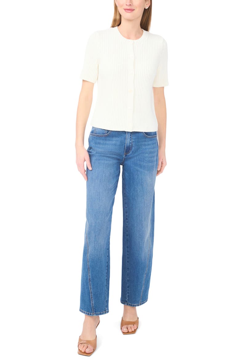 Ribbed Short Sleeve Cardigan, Alternate, color, NEW IVORY