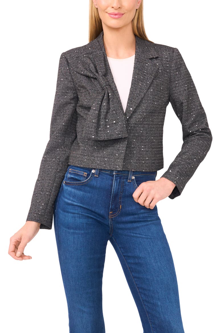 Tweed Bow Accent Crop Blazer, Main, color, RICH BLACK