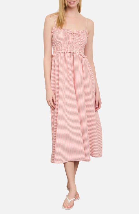 Stripe Ruffle Shirred Seersucker Midi Dress
