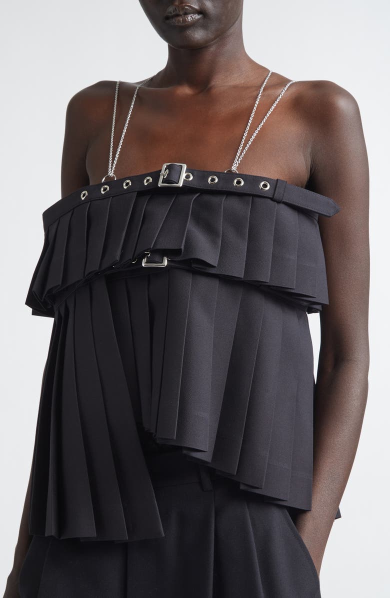 Noir Kei Ninomiya Pleated Chain Strap Wool Blend Gabardine Camisole, Alternate, color, Black