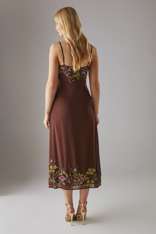 Warehouse Embellished Strappy Sequin Midi Dress In Brown