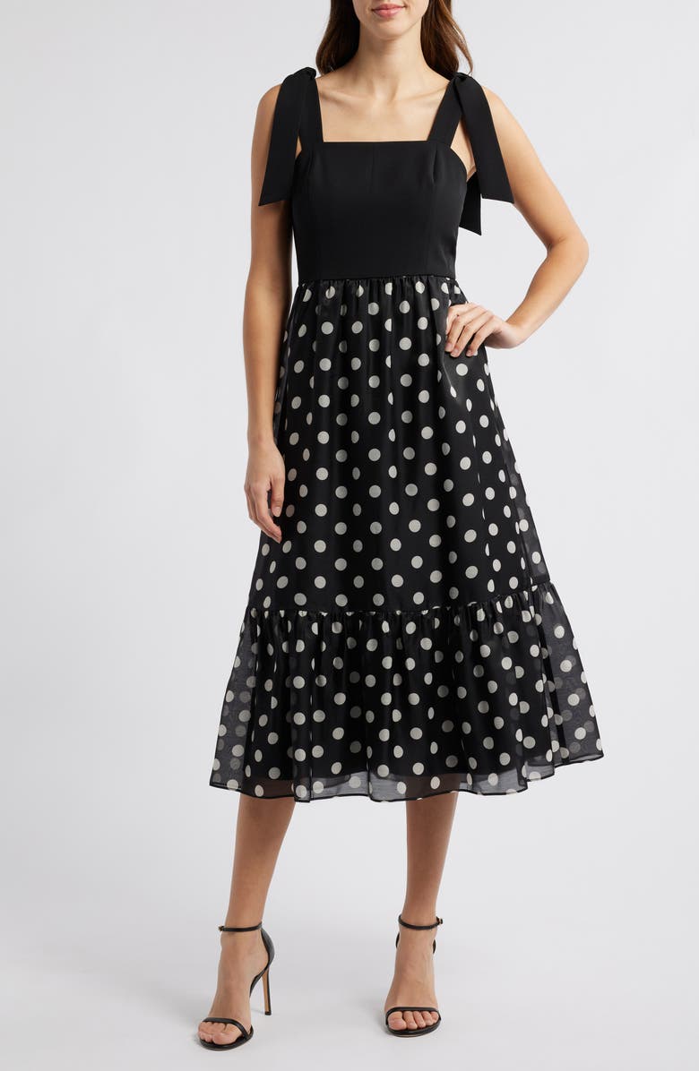 Anne Klein Tie Strap Tiered Skirt Dress, Main, color, Anne Black/ Anne White